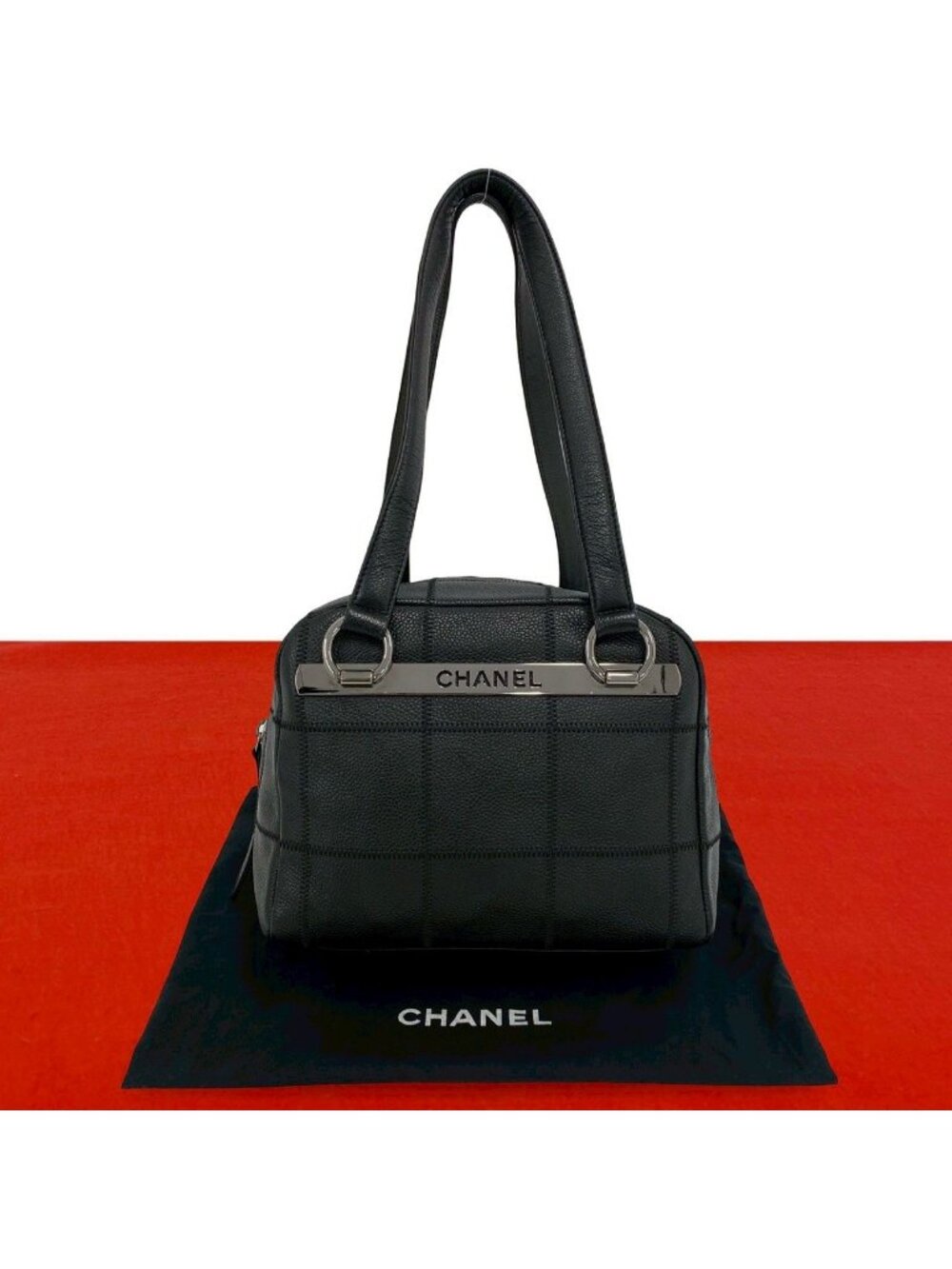 Chanel And Choco Bar Caviar Leather Shoulder Bag Black